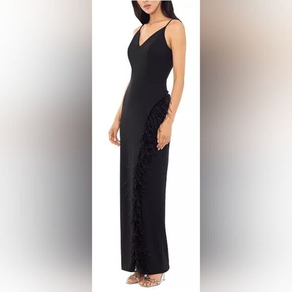XSCAPE V-Neck Feather-Trimmed High-Slit Gown NWOT size 4 Black - Picture 3 of 6